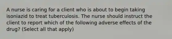 A nurse is caring for a client who is about to begin taking isoniazid to treat tuberculosis. The nurse should instruct the client to report which of the following adverse effects of the drug? (Select all that apply)