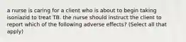 a nurse is caring for a client who is about to begin taking isoniazid to treat TB. the nurse should instruct the client to report which of the following adverse effects? (Select all that apply)