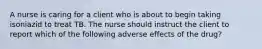 A nurse is caring for a client who is about to begin taking isoniazid to treat TB. The nurse should instruct the client to report which of the following adverse effects of the drug?