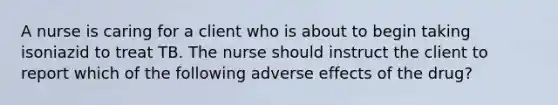 A nurse is caring for a client who is about to begin taking isoniazid to treat TB. The nurse should instruct the client to report which of the following adverse effects of the drug?