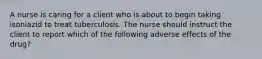 A nurse is caring for a client who is about to begin taking isoniazid to treat tuberculosis. The nurse should instruct the client to report which of the following adverse effects of the drug?