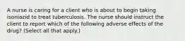 A nurse is caring for a client who is about to begin taking isoniazid to treat tuberculosis. The nurse should instruct the client to report which of the following adverse effects of the drug? (Select all that apply.)