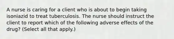 A nurse is caring for a client who is about to begin taking isoniazid to treat tuberculosis. The nurse should instruct the client to report which of the following adverse effects of the drug? (Select all that apply.)