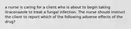 a nurse is caring for a client who is about to begin taking itraconazole to treat a fungal infection. The nurse should instruct the client to report which of the following adverse effects of the drug?