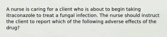 A nurse is caring for a client who is about to begin taking itraconazole to treat a fungal infection. The nurse should instruct the client to report which of the following adverse effects of the drug?