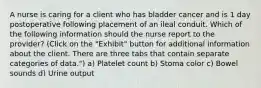 A nurse is caring for a client who has bladder cancer and is 1 day postoperative following placement of an ileal conduit. Which of the following information should the nurse report to the provider? (Click on the "Exhibit" button for additional information about the client. There are three tabs that contain separate categories of data.") a) Platelet count b) Stoma color c) Bowel sounds d) Urine output