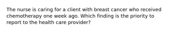 The nurse is caring for a client with breast cancer who received chemotherapy one week ago. Which finding is the priority to report to the health care provider?