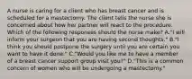 A nurse is caring for a client who has breast cancer and is scheduled for a mastectomy. The client tells the nurse she is concerned about how her partner will react to the procedure. Which of the following responses should the nurse make? A."I will inform your surgeon that you are having second thoughts." B."I think you should postpone the surgery until you are certain you want to have it done." C."Would you like me to have a member of a breast cancer support group visit you?" D."This is a common concern of women who will be undergoing a mastectomy."