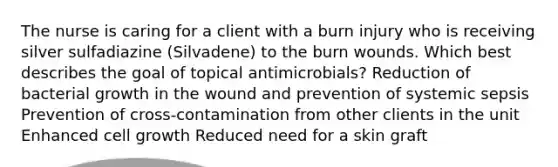 The nurse is caring for a client with a burn injury who is receiving silver sulfadiazine (Silvadene) to the burn wounds. Which best describes the goal of topical antimicrobials? Reduction of bacterial growth in the wound and prevention of systemic sepsis Prevention of cross-contamination from other clients in the unit Enhanced cell growth Reduced need for a skin graft