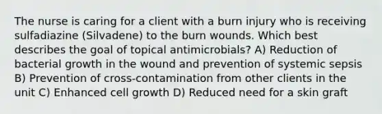 The nurse is caring for a client with a burn injury who is receiving sulfadiazine (Silvadene) to the burn wounds. Which best describes the goal of topical antimicrobials? A) Reduction of bacterial growth in the wound and prevention of systemic sepsis B) Prevention of cross-contamination from other clients in the unit C) Enhanced cell growth D) Reduced need for a skin graft