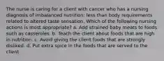 The nurse is caring for a client with cancer who has a nursing diagnosis of imbalanced nutrition: less than body requirements related to altered taste sensation. Which of the following nursing actions is most appropriate? a. Add strained baby meats to foods such as casseroles. b. Teach the client about foods that are high in nutrition. c. Avoid giving the client foods that are strongly disliked. d. Put extra spice in the foods that are served to the client.