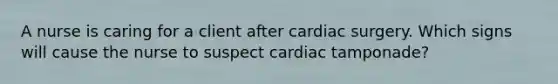 A nurse is caring for a client after cardiac surgery. Which signs will cause the nurse to suspect cardiac tamponade?