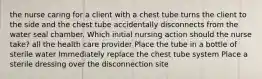 the nurse caring for a client with a chest tube turns the client to the side and the chest tube accidentally disconnects from the water seal chamber. Which initial nursing action should the nurse take? all the health care provider Place the tube in a bottle of sterile water Immediately replace the chest tube system Place a sterile dressing over the disconnection site