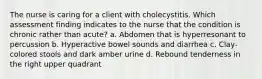 The nurse is caring for a client with cholecystitis. Which assessment finding indicates to the nurse that the condition is chronic rather than acute? a. Abdomen that is hyperresonant to percussion b. Hyperactive bowel sounds and diarrhea c. Clay-colored stools and dark amber urine d. Rebound tenderness in the right upper quadrant