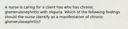 A nurse is caring for a client has who has chronic glomerulonephritis with oliguria. Which of the following findings should the nurse identify as a manifestation of chronic glomerulonephritis?