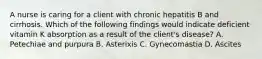 A nurse is caring for a client with chronic hepatitis B and cirrhosis. Which of the following findings would indicate deficient vitamin K absorption as a result of the client's disease? A. Petechiae and purpura B. Asterixis C. Gynecomastia D. Ascites