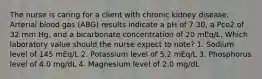 The nurse is caring for a client with chronic kidney disease. Arterial blood gas (ABG) results indicate a pH of 7.30, a Pco2 of 32 mm Hg, and a bicarbonate concentration of 20 mEq/L. Which laboratory value should the nurse expect to note? 1. Sodium level of 145 mEq/L 2. Potassium level of 5.2 mEq/L 3. Phosphorus level of 4.0 mg/dL 4. Magnesium level of 2.0 mg/dL