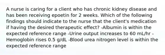 A nurse is caring for a client who has chronic kidney disease and has been receiving epoetin for 2 weeks. Which of the following findings should indicate to the nurse that the client's medication if having the desired therapeutic effect? -Albumin is within the expected reference range -Urine output increases to 60 mL/hr -Hemoglobin rises 0.5 g/dL -Blood urea nitrogen level is within the expected reference range