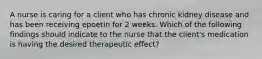 A nurse is caring for a client who has chronic kidney disease and has been receiving epoetin for 2 weeks. Which of the following findings should indicate to the nurse that the client's medication is having the desired therapeutic effect?