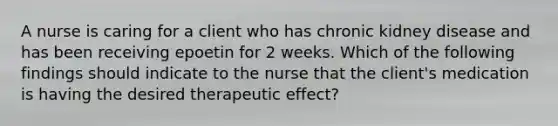 A nurse is caring for a client who has chronic kidney disease and has been receiving epoetin for 2 weeks. Which of the following findings should indicate to the nurse that the client's medication is having the desired therapeutic effect?