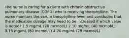 The nurse is caring for a client with chronic obstructive pulmonary disease (COPD) who is receiving theophylline. The nurse monitors the serum theophylline level and concludes that the medication dosage may need to be increased if which value is noted? 1.5 mg/mL (20 mcmol/L) 2.10 mg/mL (40 mcmol/L) 3.15 mg/mL (60 mcmol/L) 4.20 mg/mL (79 mcmol/L)