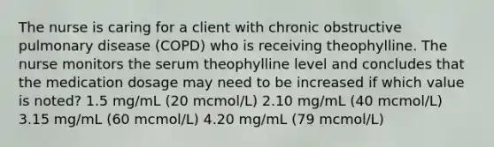 The nurse is caring for a client with chronic obstructive pulmonary disease (COPD) who is receiving theophylline. The nurse monitors the serum theophylline level and concludes that the medication dosage may need to be increased if which value is noted? 1.5 mg/mL (20 mcmol/L) 2.10 mg/mL (40 mcmol/L) 3.15 mg/mL (60 mcmol/L) 4.20 mg/mL (79 mcmol/L)