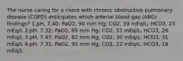 The nurse caring for a client with chronic obstructive pulmonary disease (COPD) anticipates which arterial blood gas (ABG) findings? 1.pH, 7.40; PaO2, 90 mm Hg; CO2, 39 mEq/L; HCO3, 23 mEq/L 2.pH, 7.32; PaO2, 85 mm Hg; CO2, 57 mEq/L; HCO3, 26 mEq/L 3.pH, 7.47; PaO2, 82 mm Hg; CO2, 30 mEq/L; HCO3, 31 mEq/L 4.pH, 7.31; PaO2, 95 mm Hg; CO2, 22 mEq/L; HCO3, 19 mEq/L