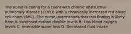 The nurse is caring for a client with chronic obstructive pulmonary disease (COPD) with a chronically increased red blood cell count (RBC). The nurse understands that this finding is likely from A. Increased carbon dioxide levels B. Low blood oxygen levels C. Insensible water loss D. Decreased fluid intake