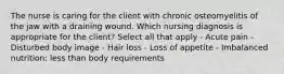 The nurse is caring for the client with chronic osteomyelitis of the jaw with a draining wound. Which nursing diagnosis is appropriate for the client? Select all that apply - Acute pain - Disturbed body image - Hair loss - Loss of appetite - Imbalanced nutrition: less than body requirements