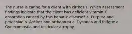 The nurse is caring for a client with cirrhosis. Which assessment findings indicate that the client has deficient vitamin K absorption caused by this hepatic disease? a. Purpura and petechiae b. Ascites and orthopnea c. Dyspnea and fatigue d. Gynecomastia and testicular atrophy