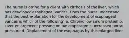 The nurse is caring for a client with cirrhosis of the liver, which has developed esophageal varices. Does the nurse understand that the best explanation for the development of esophageal varices is which of the following? a. Chronic low serum protein b. Liver enlargement pressing on the diaphragm c. Increased portal pressure d. Displacement of the esophagus by the enlarged liver