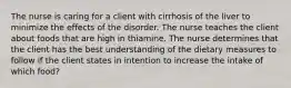 The nurse is caring for a client with cirrhosis of the liver to minimize the effects of the disorder. The nurse teaches the client about foods that are high in thiamine. The nurse determines that the client has the best understanding of the dietary measures to follow if the client states in intention to increase the intake of which food?