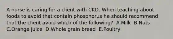 A nurse is caring for a client with CKD. When teaching about foods to avoid that contain phosphorus he should recommend that the client avoid which of the following? ​ A.Milk ​ B.Nuts ​ C.Orange juice ​ D.Whole grain bread ​ E.Poultry