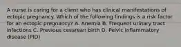 A nurse is caring for a client who has clinical manifestations of ectopic pregnancy. Which of the following findings is a risk factor for an ectopic pregnancy? A. Anemia B. Frequent urinary tract infections C. Previous cesarean birth D. Pelvic inflammatory disease (PID)