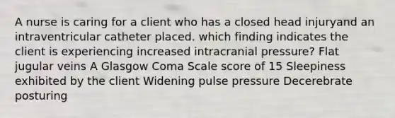 A nurse is caring for a client who has a closed head injuryand an intraventricular catheter placed. which finding indicates the client is experiencing increased intracranial pressure? Flat jugular veins A Glasgow Coma Scale score of 15 Sleepiness exhibited by the client Widening pulse pressure Decerebrate posturing