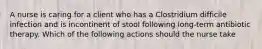 A nurse is caring for a client who has a Clostridium difficile infection and is incontinent of stool following long-term antibiotic therapy. Which of the following actions should the nurse take