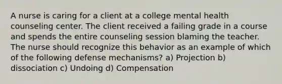 A nurse is caring for a client at a college mental health counseling center. The client received a failing grade in a course and spends the entire counseling session blaming the teacher. The nurse should recognize this behavior as an example of which of the following defense mechanisms? a) Projection b) dissociation c) Undoing d) Compensation