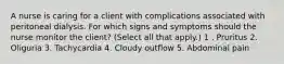 A nurse is caring for a client with complications associated with peritoneal dialysis. For which signs and symptoms should the nurse monitor the client? (Select all that apply.) 1 . Pruritus 2. Oliguria 3. Tachycardia 4. Cloudy outflow 5. Abdominal pain
