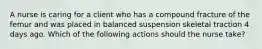 A nurse is caring for a client who has a compound fracture of the femur and was placed in balanced suspension skeletal traction 4 days ago. Which of the following actions should the nurse take?