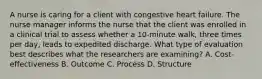 A nurse is caring for a client with congestive heart failure. The nurse manager informs the nurse that the client was enrolled in a clinical trial to assess whether a 10-minute walk, three times per day, leads to expedited discharge. What type of evaluation best describes what the researchers are examining? A. Cost-effectiveness B. Outcome C. Process D. Structure