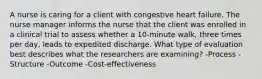 A nurse is caring for a client with congestive heart failure. The nurse manager informs the nurse that the client was enrolled in a clinical trial to assess whether a 10-minute walk, three times per day, leads to expedited discharge. What type of evaluation best describes what the researchers are examining? -Process -Structure -Outcome -Cost-effectiveness