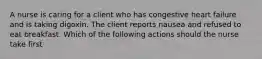 A nurse is caring for a client who has congestive heart failure and is taking digoxin. The client reports nausea and refused to eat breakfast. Which of the following actions should the nurse take first