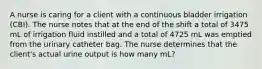 A nurse is caring for a client with a continuous bladder irrigation (CBI). The nurse notes that at the end of the shift a total of 3475 mL of irrigation fluid instilled and a total of 4725 mL was emptied from the urinary catheter bag. The nurse determines that the client's actual urine output is how many mL?