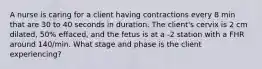 A nurse is caring for a client having contractions every 8 min that are 30 to 40 seconds in duration. The client's cervix is 2 cm dilated, 50% effaced, and the fetus is at a -2 station with a FHR around 140/min. What stage and phase is the client experiencing?