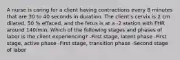 A nurse is caring for a client having contractions every 8 minutes that are 30 to 40 seconds in duration. The client's cervix is 2 cm dilated, 50 % effaced, and the fetus is at a -2 station with FHR around 140/min. Which of the following stages and phases of labor is the client experiencing? -First stage, latent phase -First stage, active phase -First stage, transition phase -Second stage of labor