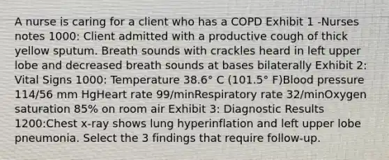 A nurse is caring for a client who has a COPD Exhibit 1 -Nurses notes 1000: Client admitted with a productive cough of thick yellow sputum. Breath sounds with crackles heard in left upper lobe and decreased breath sounds at bases bilaterally Exhibit 2: Vital Signs 1000: Temperature 38.6° C (101.5° F)Blood pressure 114/56 mm HgHeart rate 99/minRespiratory rate 32/minOxygen saturation 85% on room air Exhibit 3: Diagnostic Results 1200:Chest x-ray shows lung hyperinflation and left upper lobe pneumonia. Select the 3 findings that require follow-up.