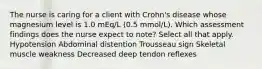 The nurse is caring for a client with Crohn's disease whose magnesium level is 1.0 mEq/L (0.5 mmol/L). Which assessment findings does the nurse expect to note? Select all that apply. Hypotension Abdominal distention Trousseau sign Skeletal muscle weakness Decreased deep tendon reflexes