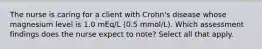 The nurse is caring for a client with Crohn's disease whose magnesium level is 1.0 mEq/L (0.5 mmol/L). Which assessment findings does the nurse expect to note? Select all that apply.