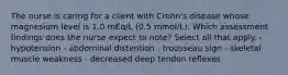 The nurse is caring for a client with Crohn's disease whose magnesium level is 1.0 mEq/L (0.5 mmol/L). Which assessment findings does the nurse expect to note? Select all that apply. - hypotension - abdominal distention - trousseau sign - skeletal muscle weakness - decreased deep tendon reflexes