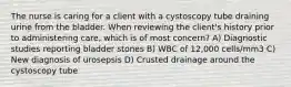 The nurse is caring for a client with a cystoscopy tube draining urine from the bladder. When reviewing the client's history prior to administering care, which is of most concern? A) Diagnostic studies reporting bladder stones B) WBC of 12,000 cells/mm3 C) New diagnosis of urosepsis D) Crusted drainage around the cystoscopy tube